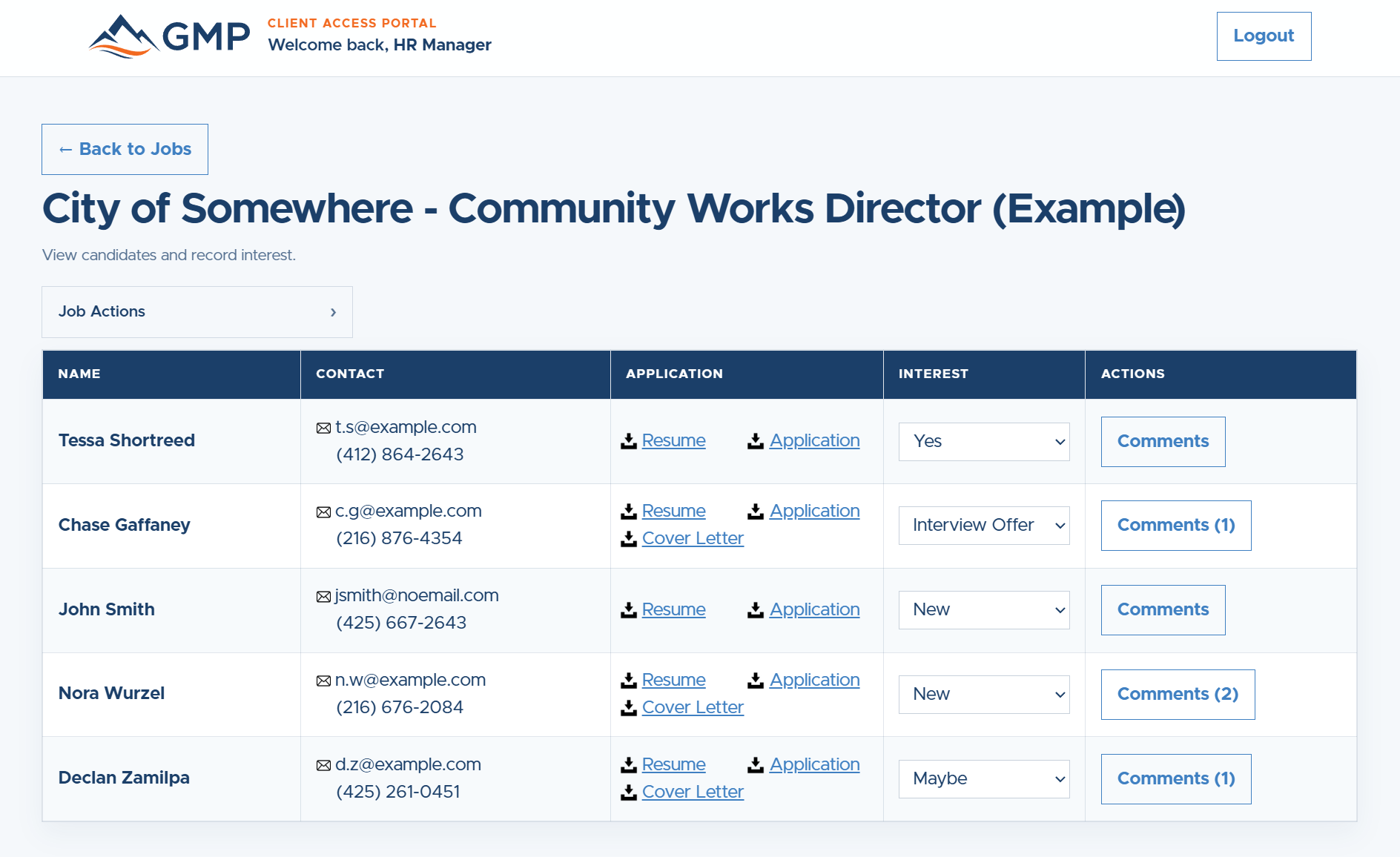 Example Client Access Portal screen showing applicants, contact details, application files, hiring interest, and comments.